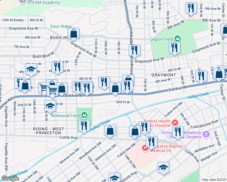 map of restaurants, bars, coffee shops, grocery stores, and more near 906 3rd Avenue West in Birmingham