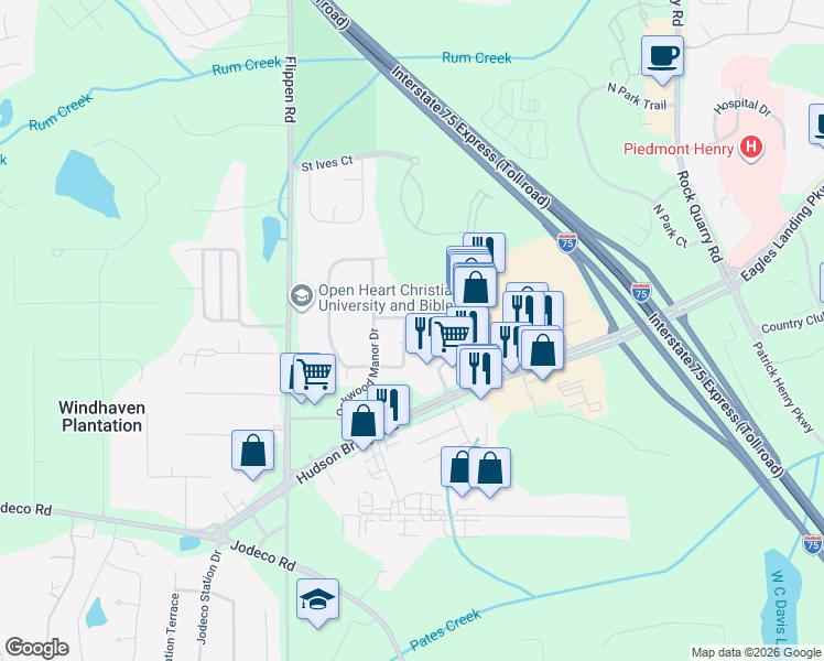 map of restaurants, bars, coffee shops, grocery stores, and more near 196 Oakwood Circle in Stockbridge