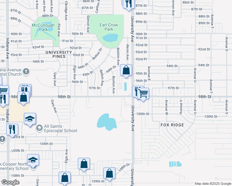map of restaurants, bars, coffee shops, grocery stores, and more near 9619 Boston Avenue in Lubbock
