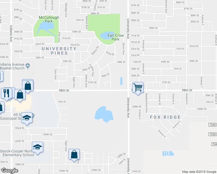 map of restaurants, bars, coffee shops, grocery stores, and more near 9718 Blandon Avenue in Lubbock