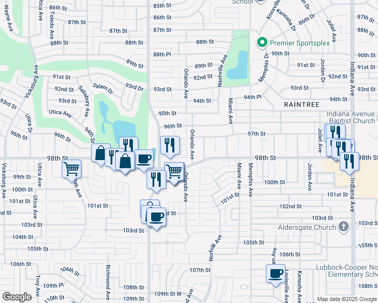 map of restaurants, bars, coffee shops, grocery stores, and more near 9713 Orlando Avenue in Lubbock