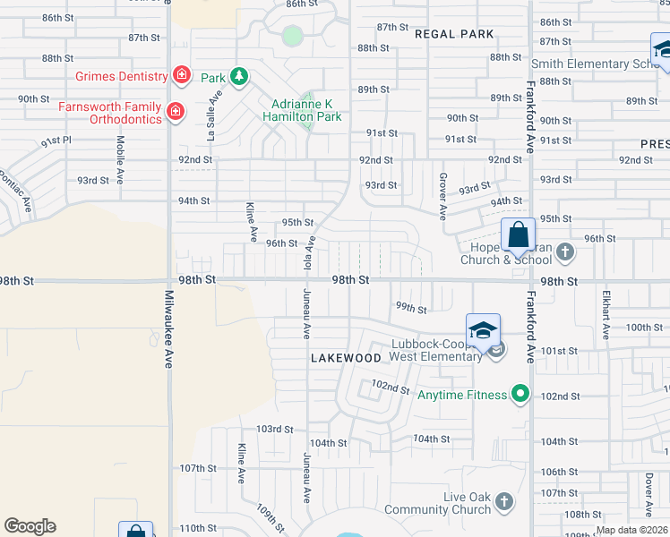 map of restaurants, bars, coffee shops, grocery stores, and more near 98th Street in Lubbock