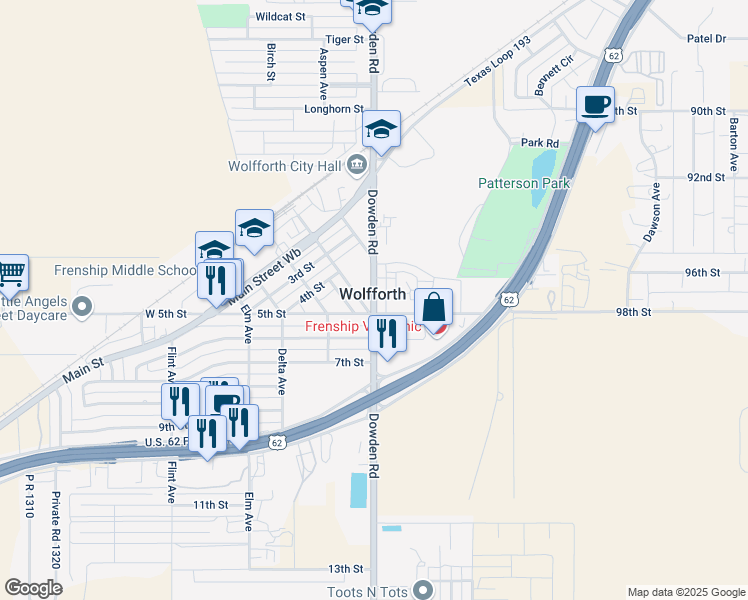 map of restaurants, bars, coffee shops, grocery stores, and more near in Wolfforth