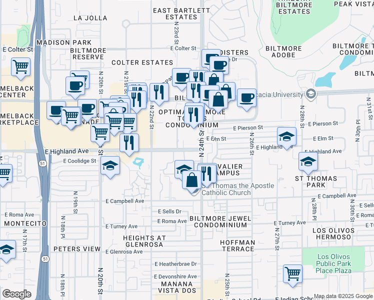 map of restaurants, bars, coffee shops, grocery stores, and more near 4722 East Highland Avenue in Phoenix