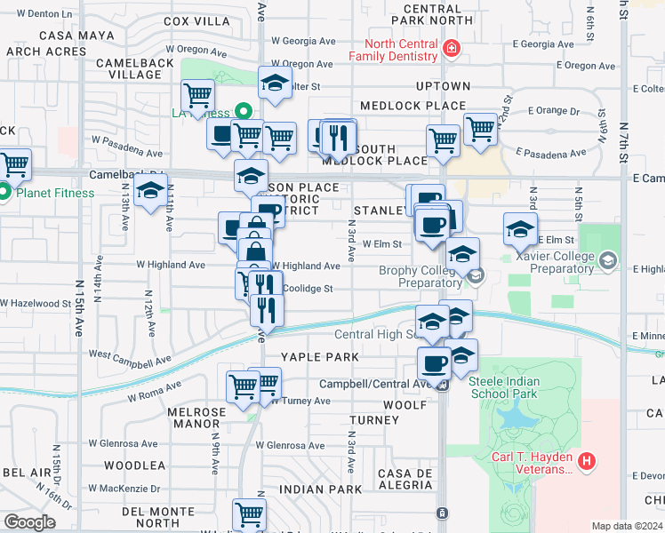 map of restaurants, bars, coffee shops, grocery stores, and more near 303 West Highland Avenue in Phoenix