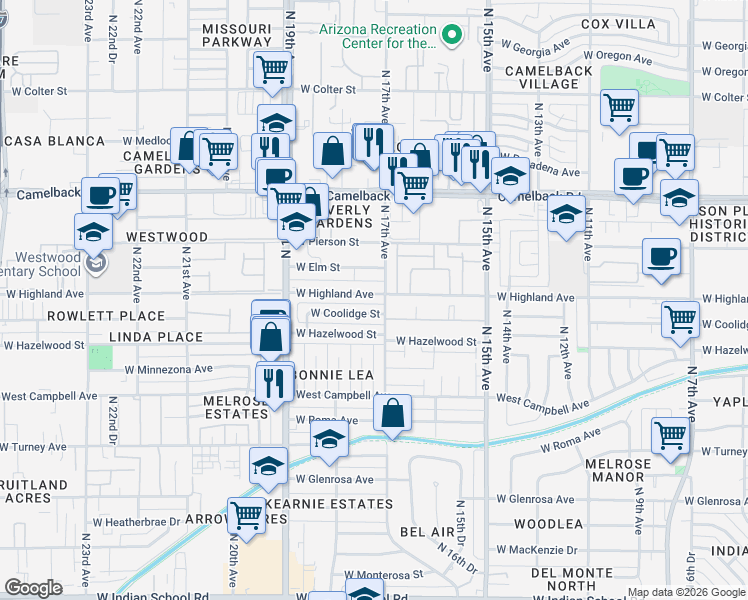map of restaurants, bars, coffee shops, grocery stores, and more near 1720 West Coolidge Street in Phoenix