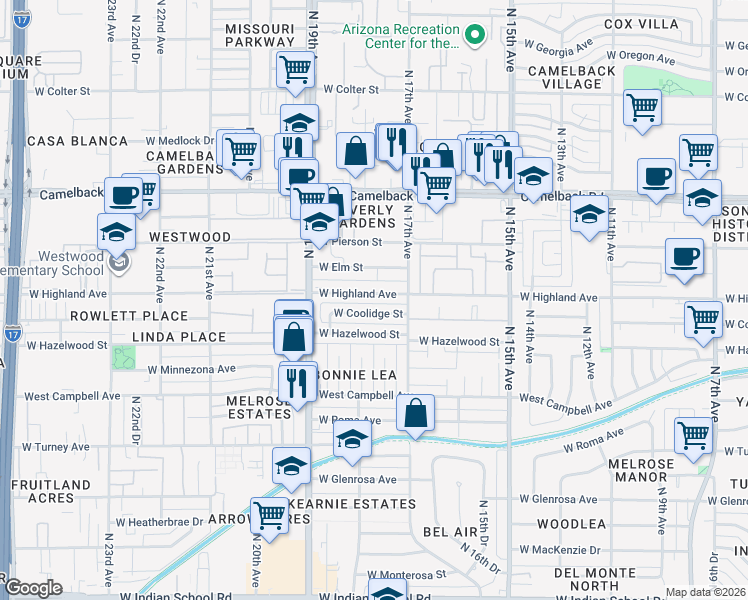 map of restaurants, bars, coffee shops, grocery stores, and more near 1720 West Coolidge Street in Phoenix