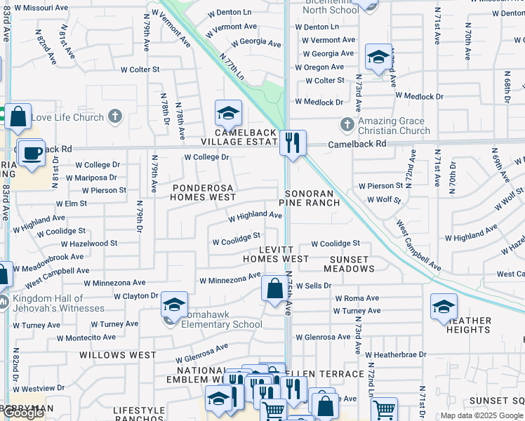 map of restaurants, bars, coffee shops, grocery stores, and more near 7539 West Highland Avenue in Phoenix