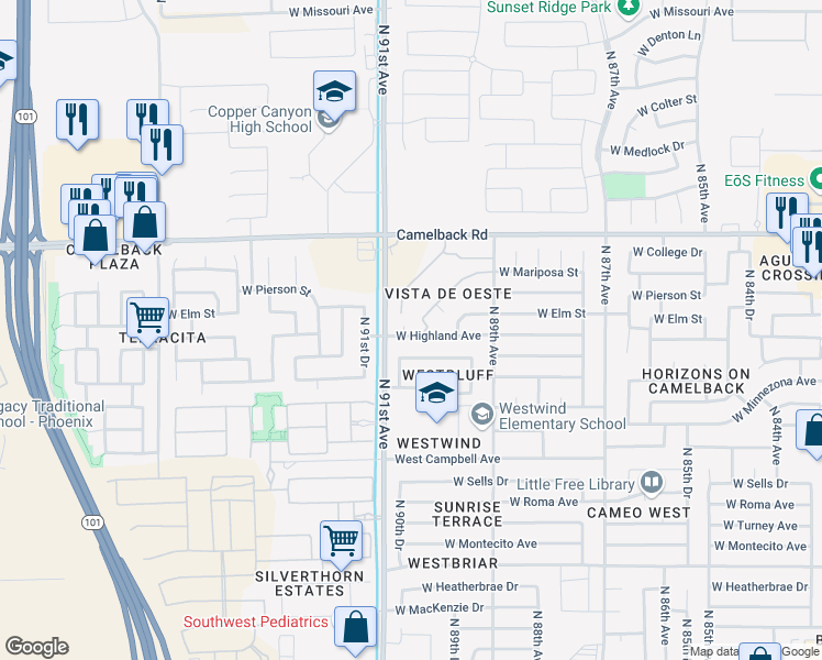 map of restaurants, bars, coffee shops, grocery stores, and more near 9027 West Highland Avenue in Phoenix