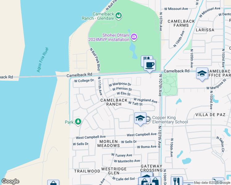 map of restaurants, bars, coffee shops, grocery stores, and more near 10939 West Elm Street in Phoenix