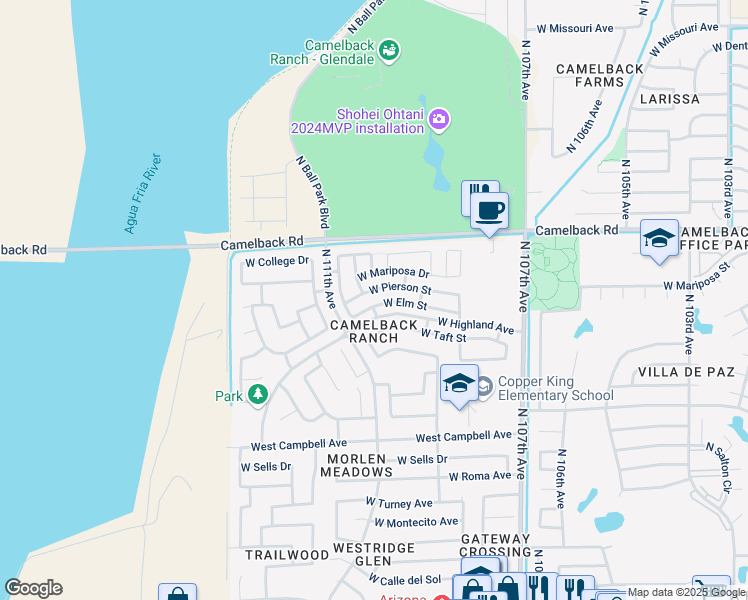 map of restaurants, bars, coffee shops, grocery stores, and more near 10939 West Elm Street in Phoenix