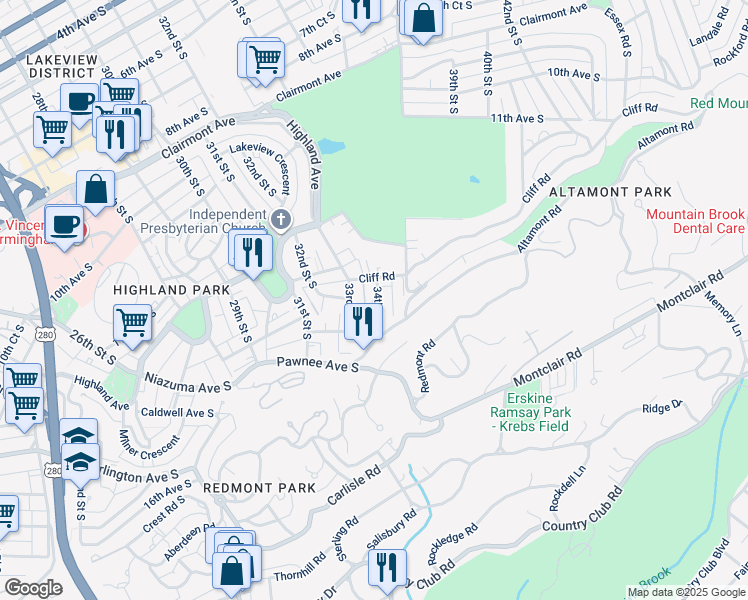 map of restaurants, bars, coffee shops, grocery stores, and more near 1325 34th Street South in Birmingham