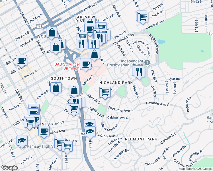 map of restaurants, bars, coffee shops, grocery stores, and more near 2711 Hanover Circle in Birmingham