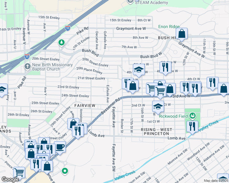 map of restaurants, bars, coffee shops, grocery stores, and more near in Birmingham