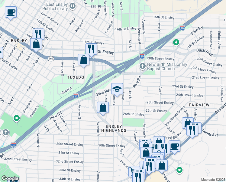 map of restaurants, bars, coffee shops, grocery stores, and more near 2425 Avenue South in Birmingham