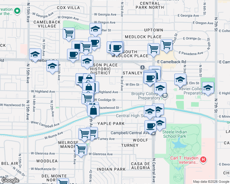 map of restaurants, bars, coffee shops, grocery stores, and more near 303 West Highland Avenue in Phoenix