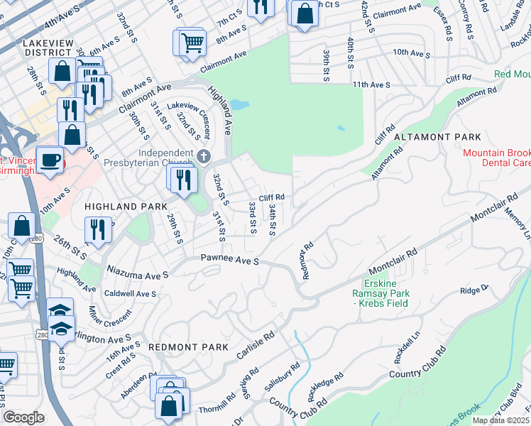 map of restaurants, bars, coffee shops, grocery stores, and more near 1310 34th Street South in Birmingham