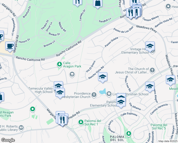 map of restaurants, bars, coffee shops, grocery stores, and more near 31434 Corte Madera in Temecula