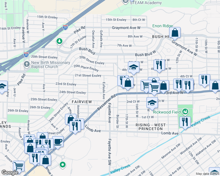 map of restaurants, bars, coffee shops, grocery stores, and more near in Birmingham
