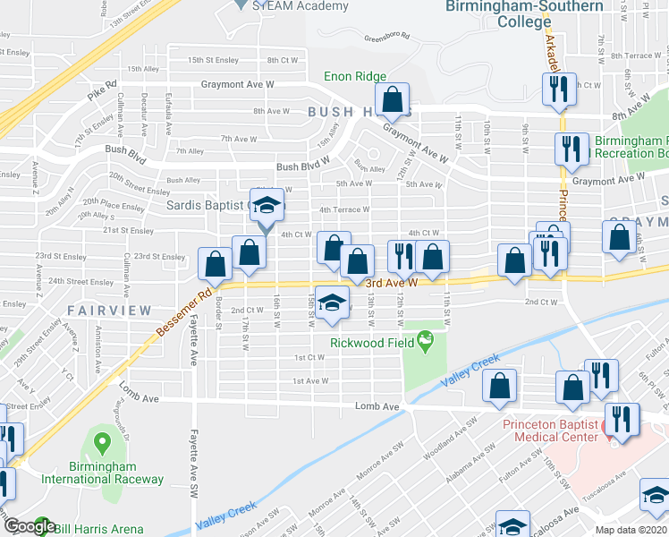 map of restaurants, bars, coffee shops, grocery stores, and more near 314 14th Street West in Birmingham