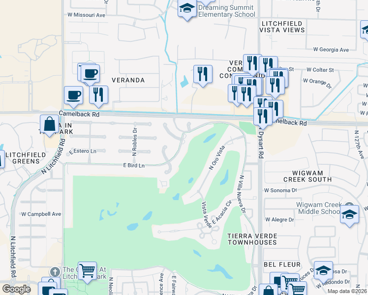 map of restaurants, bars, coffee shops, grocery stores, and more near 675 East Bird Lane in Litchfield Park