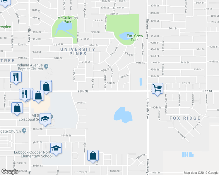 map of restaurants, bars, coffee shops, grocery stores, and more near 9706 Canton Avenue in Lubbock
