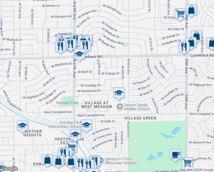 map of restaurants, bars, coffee shops, grocery stores, and more near 6434 West Hazelwood Street in Phoenix