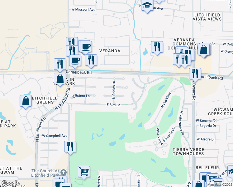 map of restaurants, bars, coffee shops, grocery stores, and more near 520 East Estero Lane in Litchfield Park