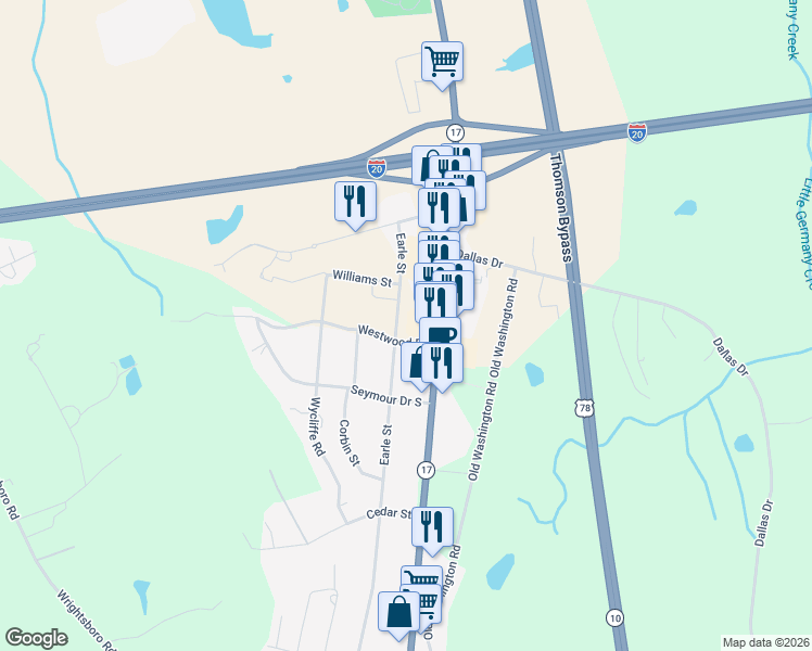 map of restaurants, bars, coffee shops, grocery stores, and more near 138 Westwood Drive in Thomson