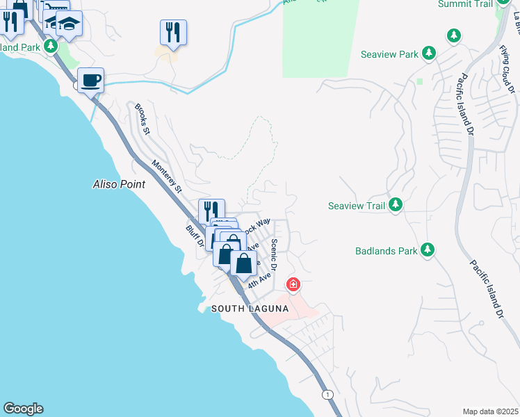 map of restaurants, bars, coffee shops, grocery stores, and more near 31592 West Street in Laguna Beach