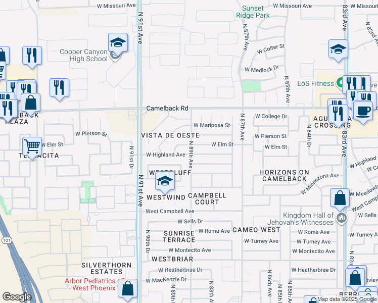 map of restaurants, bars, coffee shops, grocery stores, and more near 8901 West Highland Avenue in Phoenix