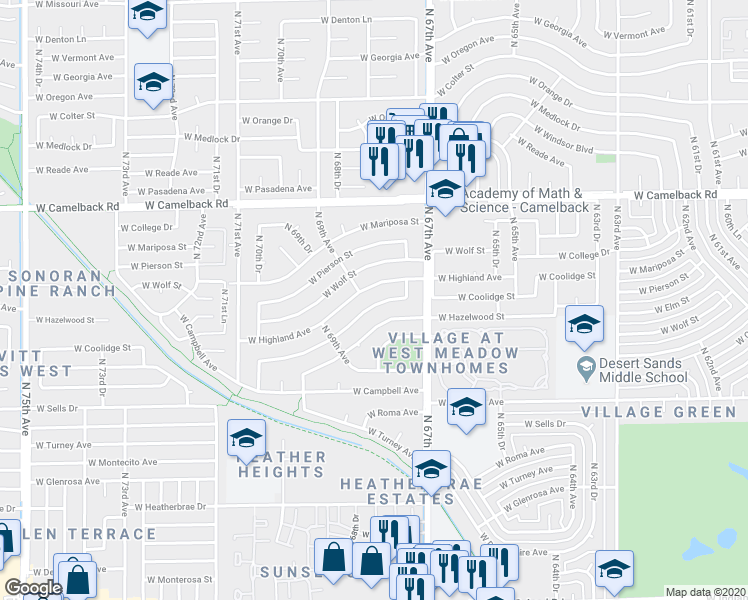 map of restaurants, bars, coffee shops, grocery stores, and more near 6802 West Coolidge Street in Phoenix