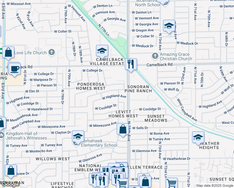 map of restaurants, bars, coffee shops, grocery stores, and more near 7539 West Highland Avenue in Phoenix