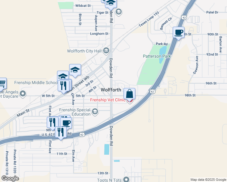 map of restaurants, bars, coffee shops, grocery stores, and more near 410 Dowden Road in Wolfforth