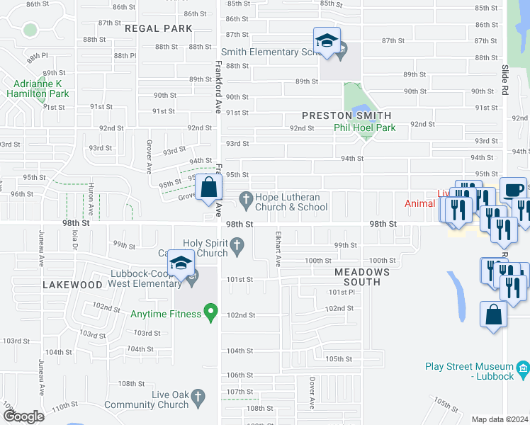 map of restaurants, bars, coffee shops, grocery stores, and more near 9614 Elmwood Avenue in Lubbock
