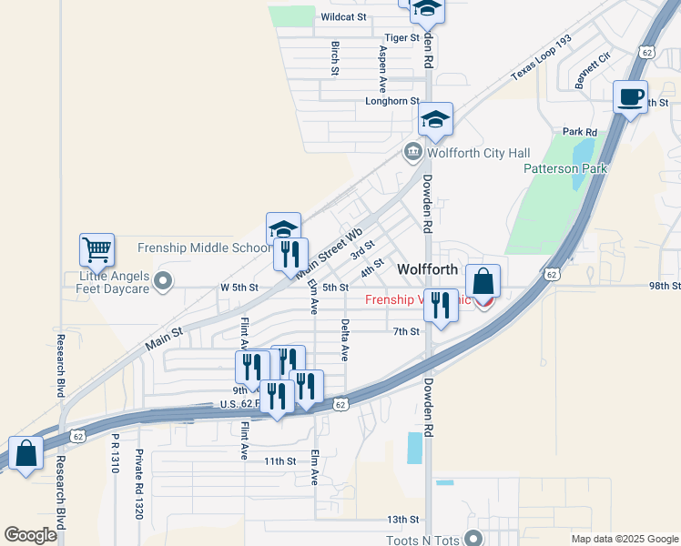 map of restaurants, bars, coffee shops, grocery stores, and more near 513 3rd Street in Wolfforth