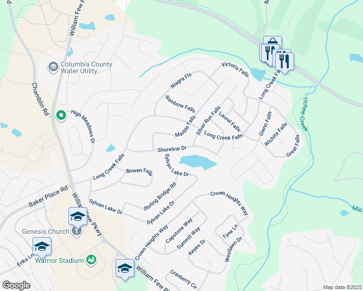 map of restaurants, bars, coffee shops, grocery stores, and more near 2004 Shoreline Drive in Grovetown