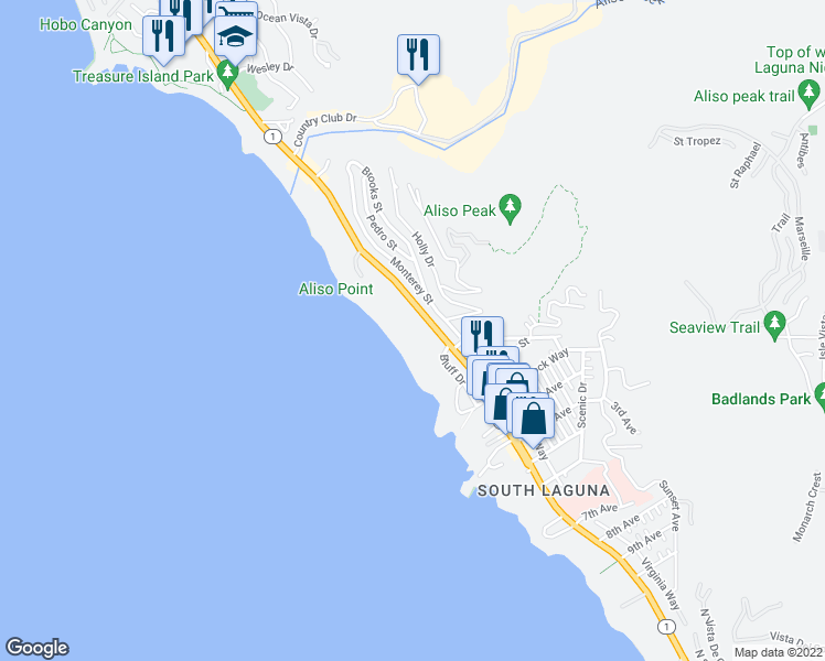 map of restaurants, bars, coffee shops, grocery stores, and more near 31423 Coast Highway in Laguna Beach