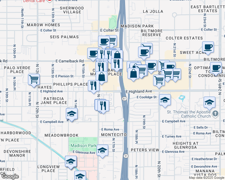 map of restaurants, bars, coffee shops, grocery stores, and more near 1661 North 17th Street in Phoenix
