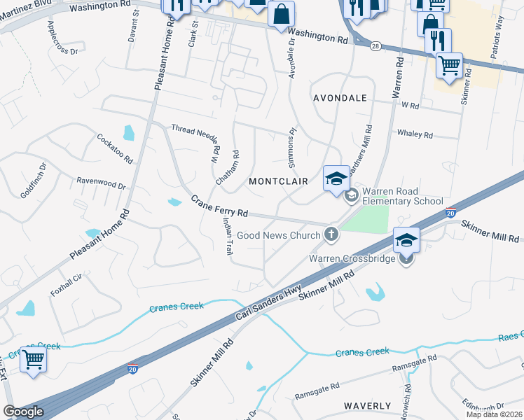 map of restaurants, bars, coffee shops, grocery stores, and more near 3204 Crane Ferry Road in Augusta