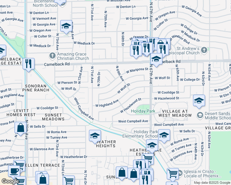 map of restaurants, bars, coffee shops, grocery stores, and more near 6939 West Wolf Street in Phoenix