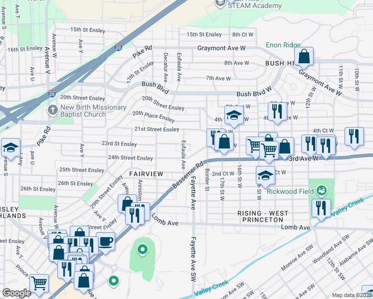 map of restaurants, bars, coffee shops, grocery stores, and more near 2316 Eufaula Avenue in Birmingham
