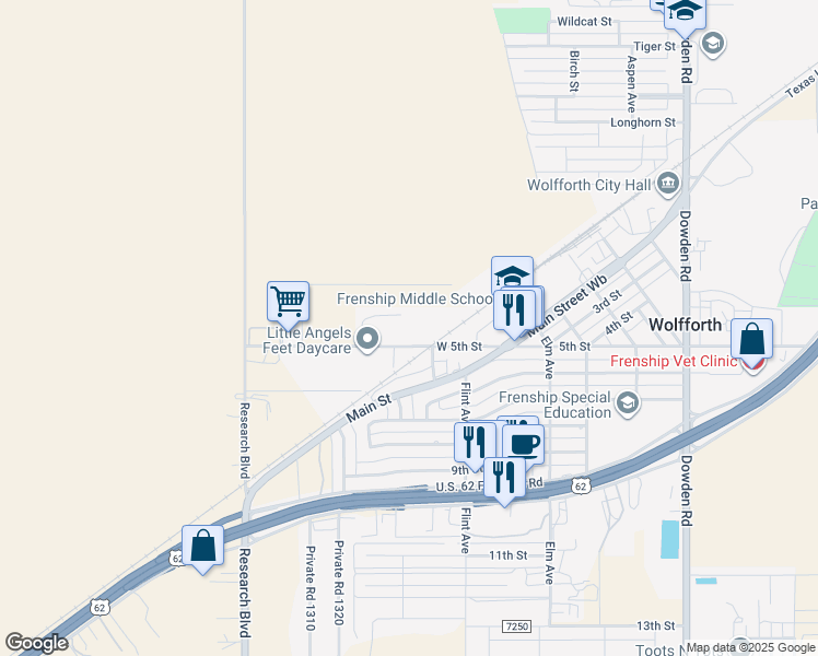 map of restaurants, bars, coffee shops, grocery stores, and more near W 5th St in Wolfforth