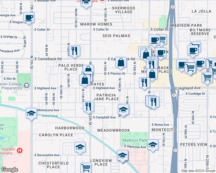 map of restaurants, bars, coffee shops, grocery stores, and more near 1315 East Highland Avenue in Phoenix
