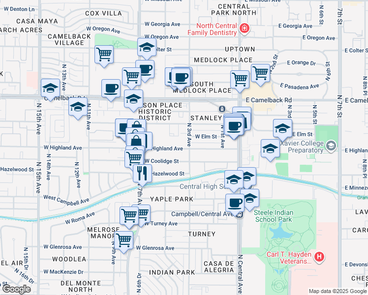 map of restaurants, bars, coffee shops, grocery stores, and more near 303 West Highland Avenue in Phoenix