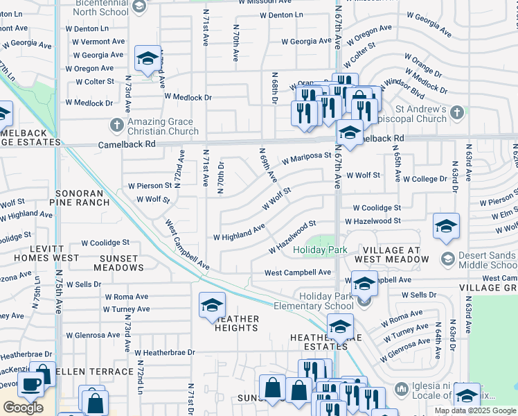 map of restaurants, bars, coffee shops, grocery stores, and more near 6939 West Wolf Street in Phoenix