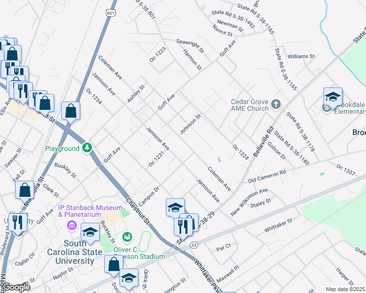 map of restaurants, bars, coffee shops, grocery stores, and more near 425 Coleman Avenue in Orangeburg