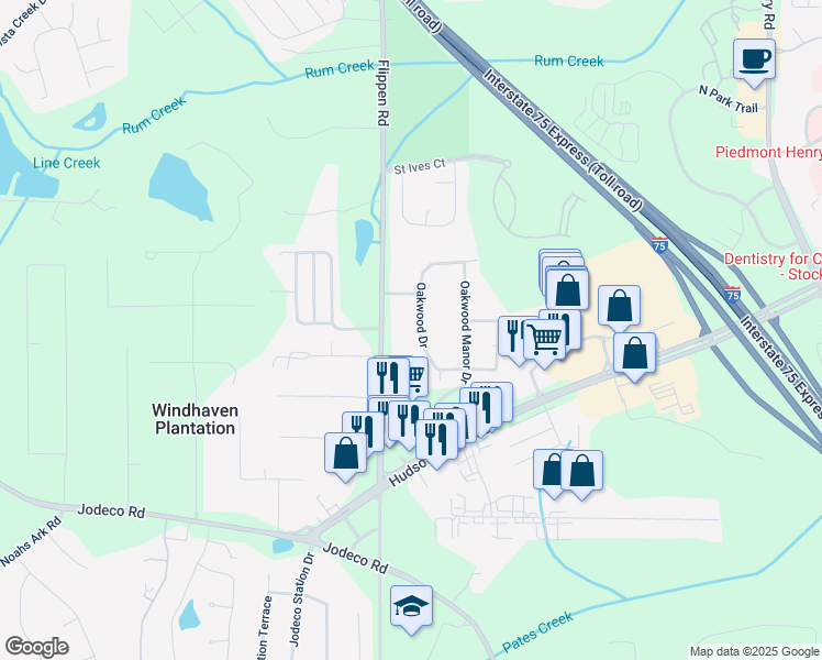 map of restaurants, bars, coffee shops, grocery stores, and more near 1581 Flippen Road in Stockbridge