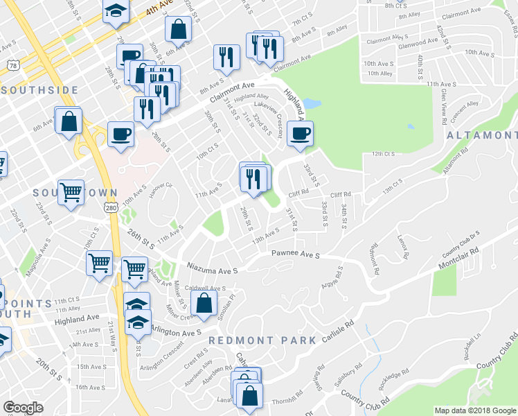 map of restaurants, bars, coffee shops, grocery stores, and more near 1223 29th Street South in Birmingham