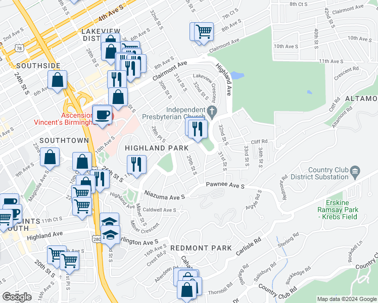 map of restaurants, bars, coffee shops, grocery stores, and more near 1223 29th Street South in Birmingham